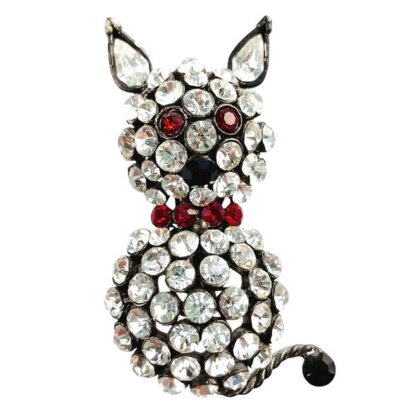 VTG Mid Century Figural Rhinestone Cat Brooch Clear Red Black Glass Stones Pin - Picture 1 of 11